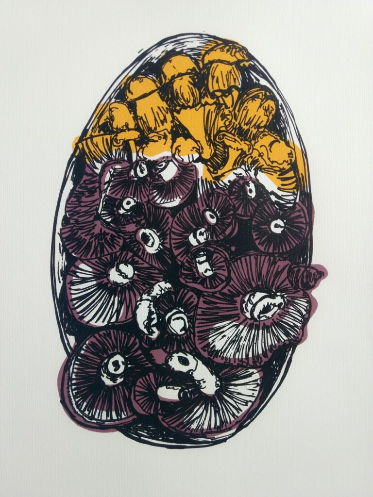 Screenprint illustration of a plate of mushrooms from Mallorca, seen from above.